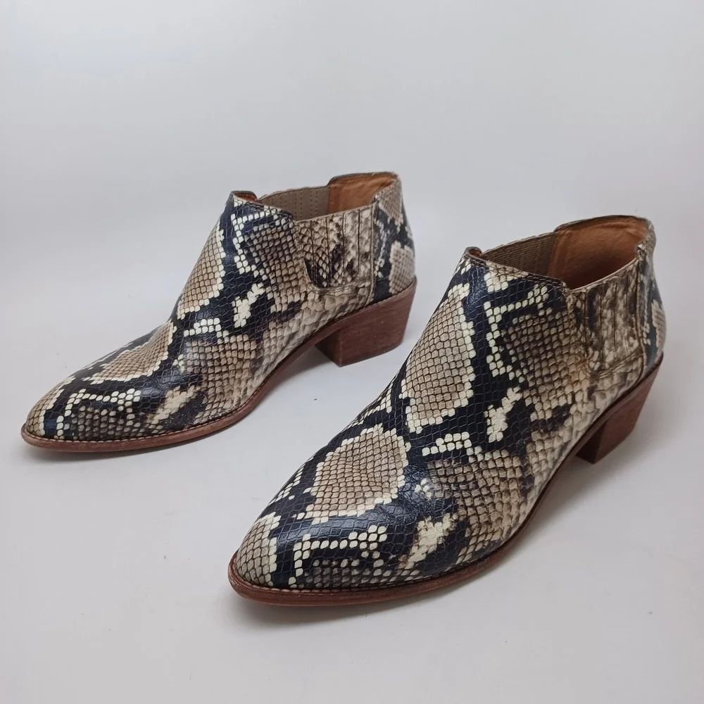 Madewell womens Snakeskin Print Pointed Toe Ankle Boots Brown Tan Block Heel 9.5